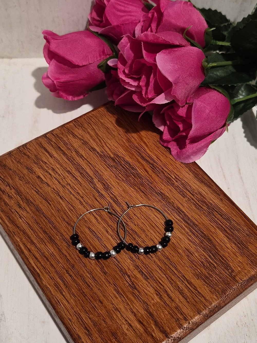 Black Bead Hoop Earrings with Silver Accents - Women Jewelry